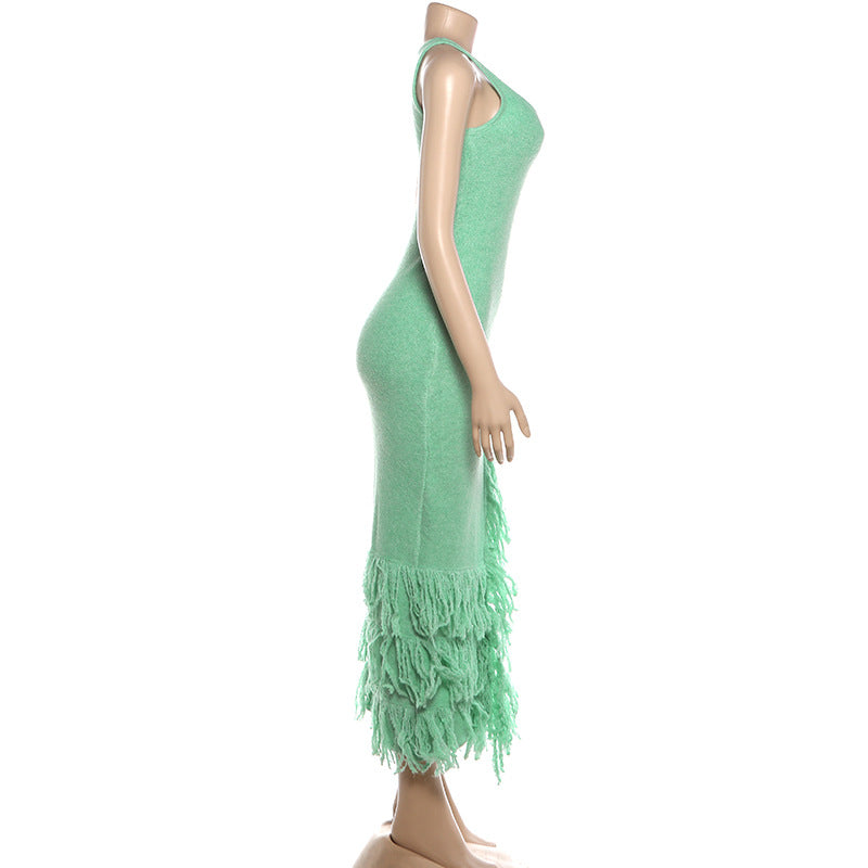 Mint Green Bodycon Maxi Dress with Fringe Hem