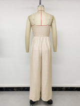 Beige Lace Trim Wide-Leg Jumpsuit