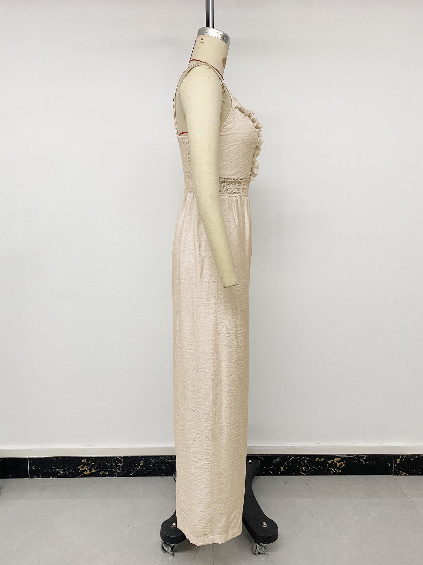 Beige Lace Trim Wide-Leg Jumpsuit