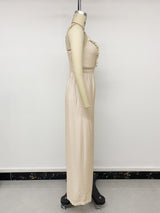 Beige Lace Trim Wide-Leg Jumpsuit
