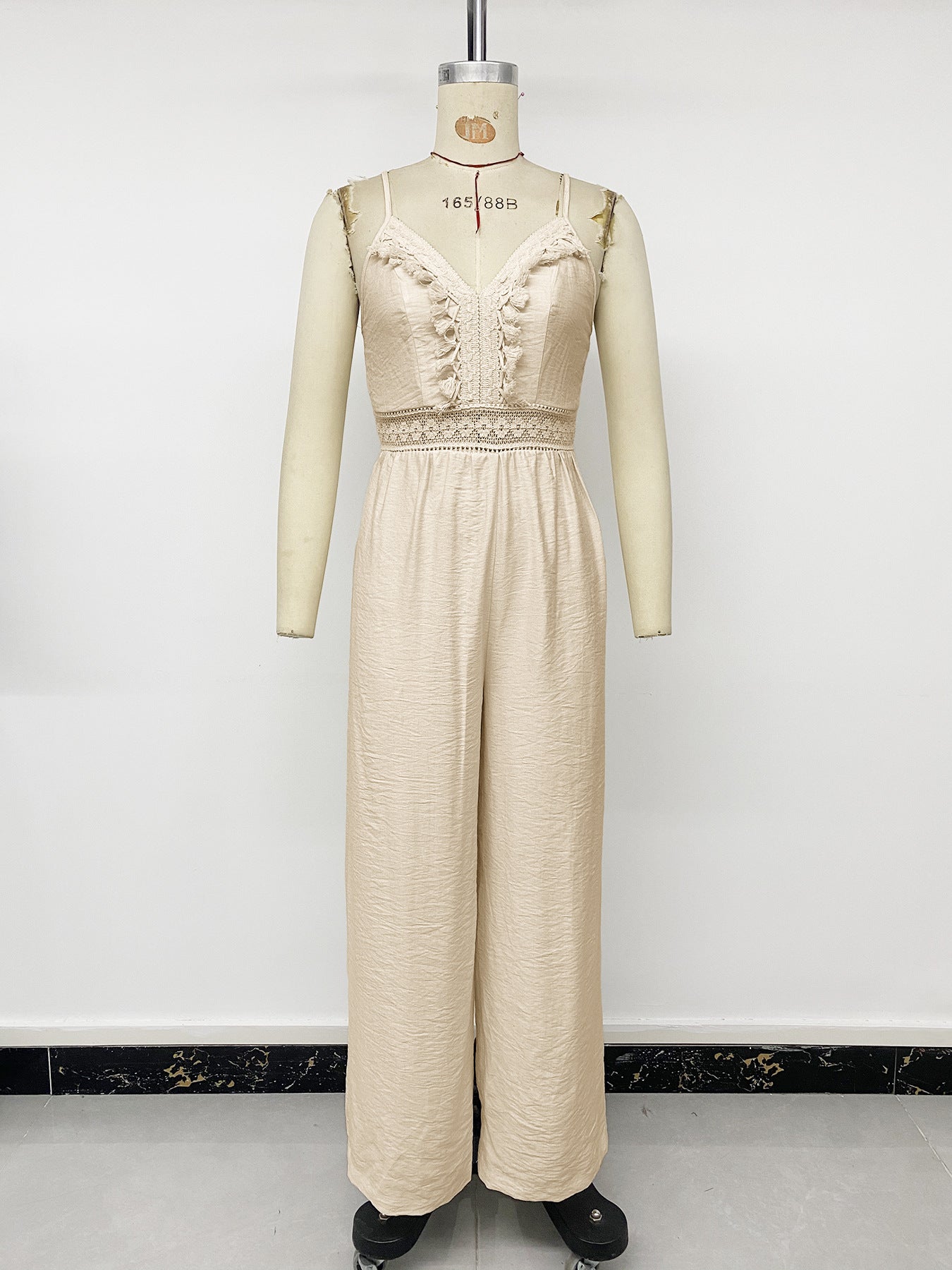 Beige Lace Trim Wide-Leg Jumpsuit
