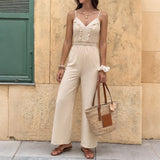 Beige Lace Trim Wide-Leg Jumpsuit