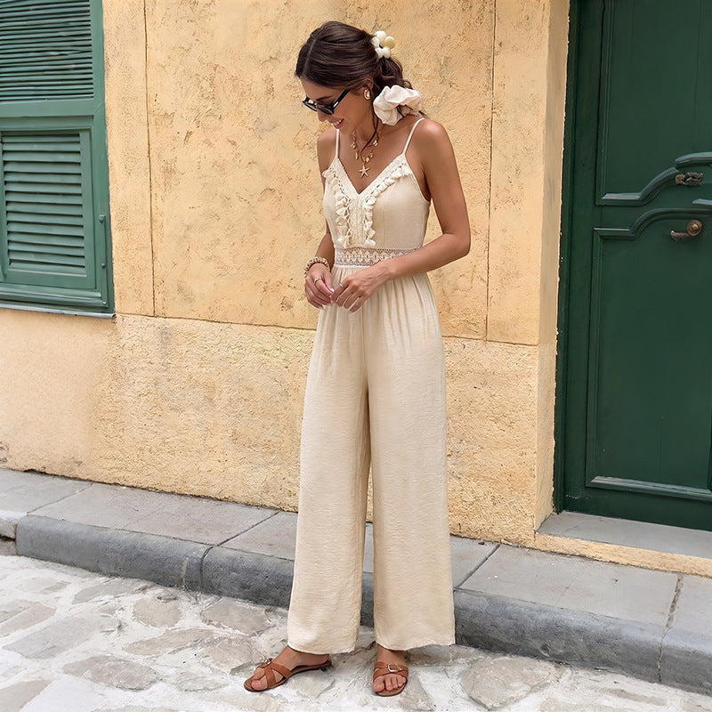 Beige Lace Trim Wide-Leg Jumpsuit