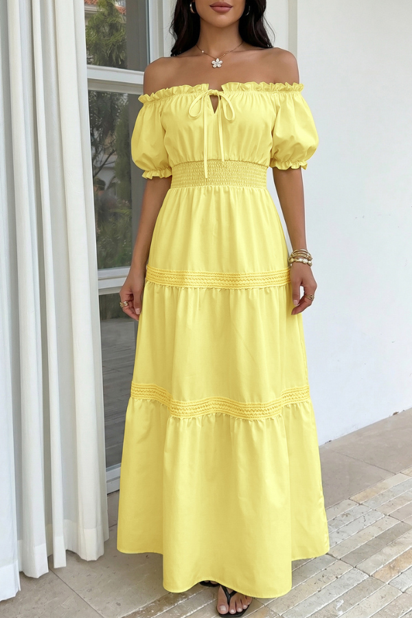 Yellow Off-Shoulder Tiered Midi Dress