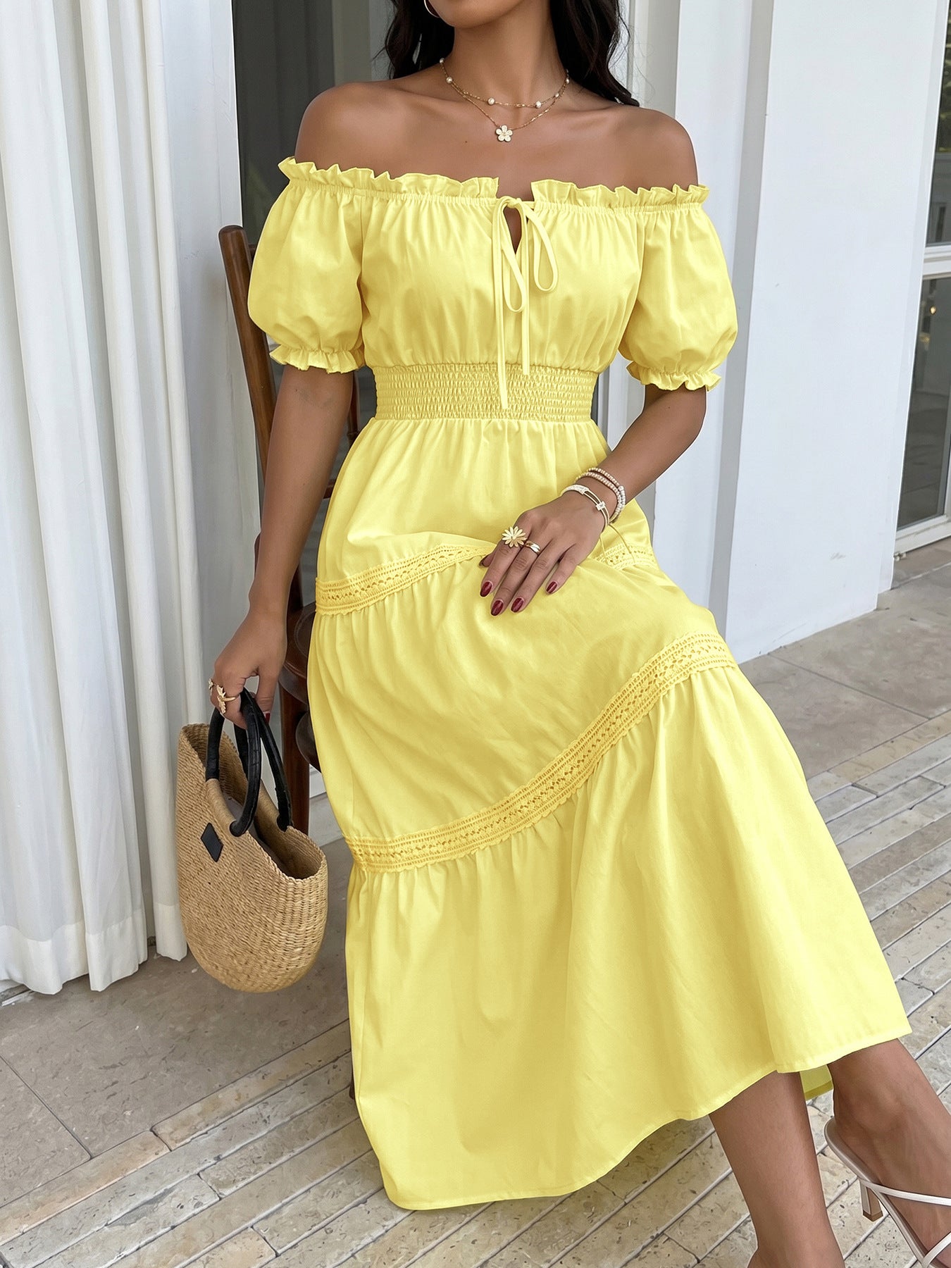 Yellow Off-Shoulder Tiered Midi Dress