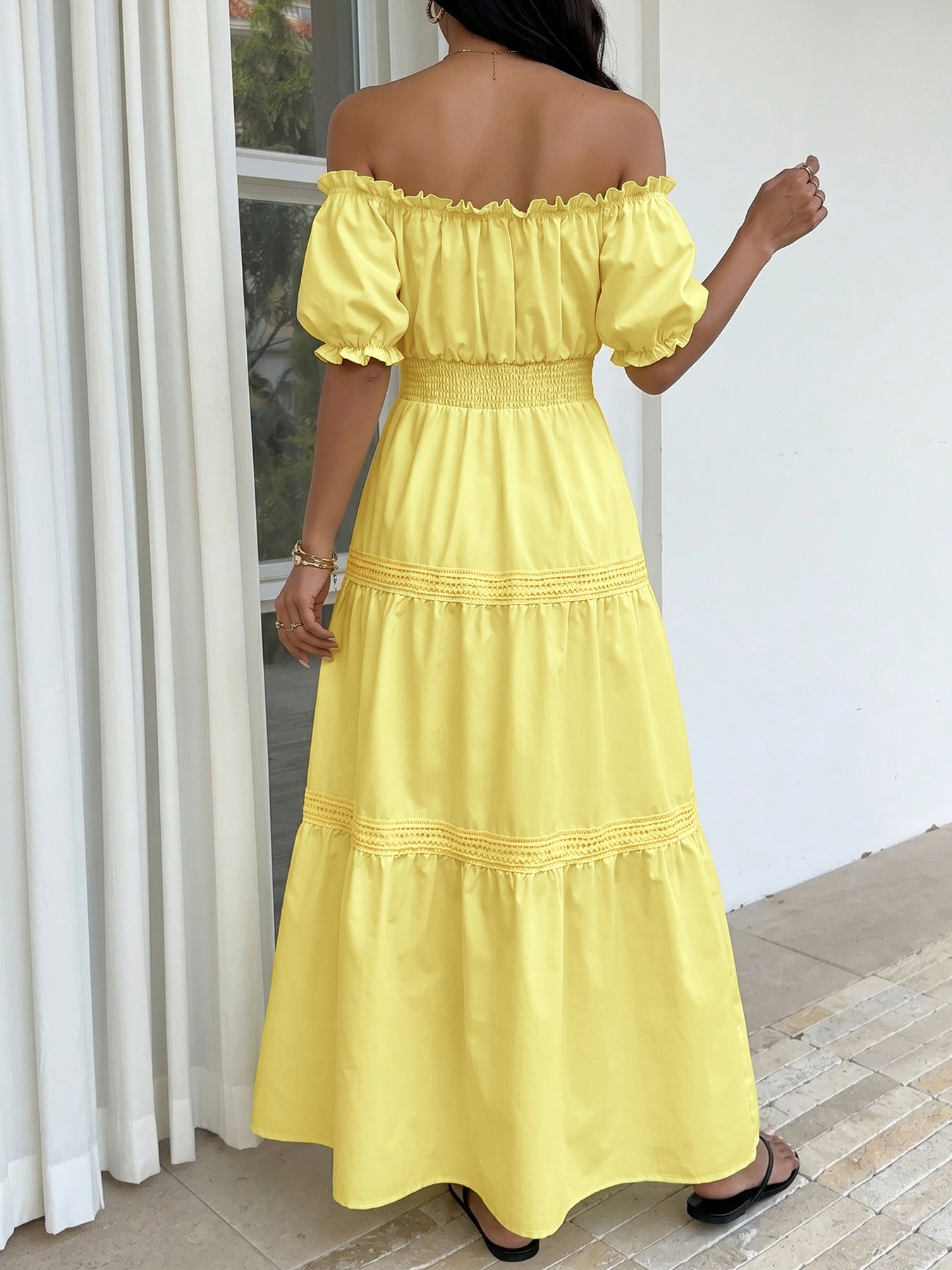 Yellow Off-Shoulder Tiered Midi Dress