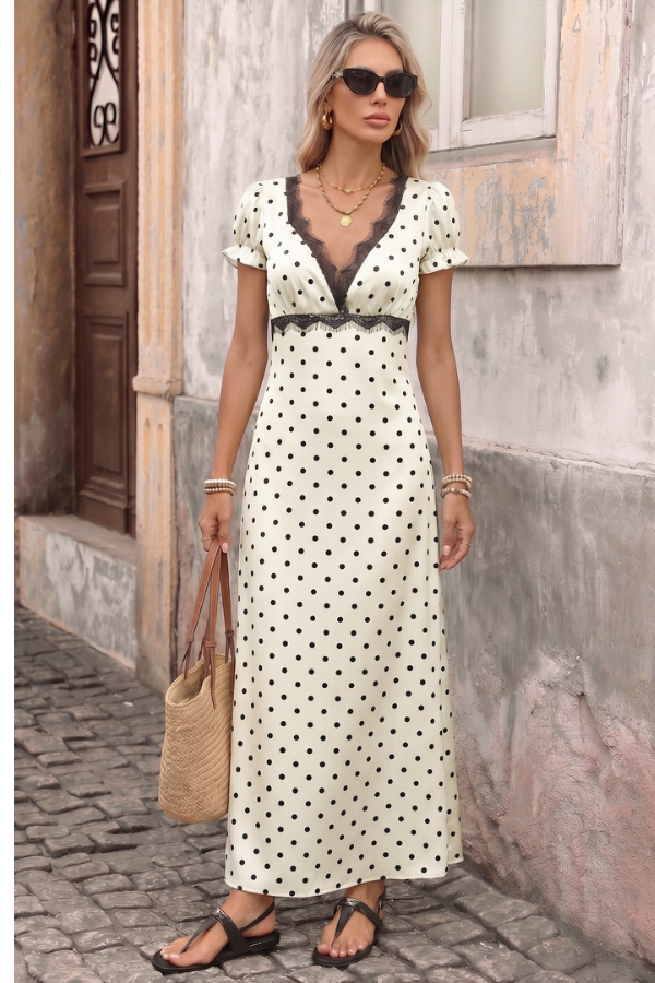 Polka Dot Lace Trim Midi Dress
