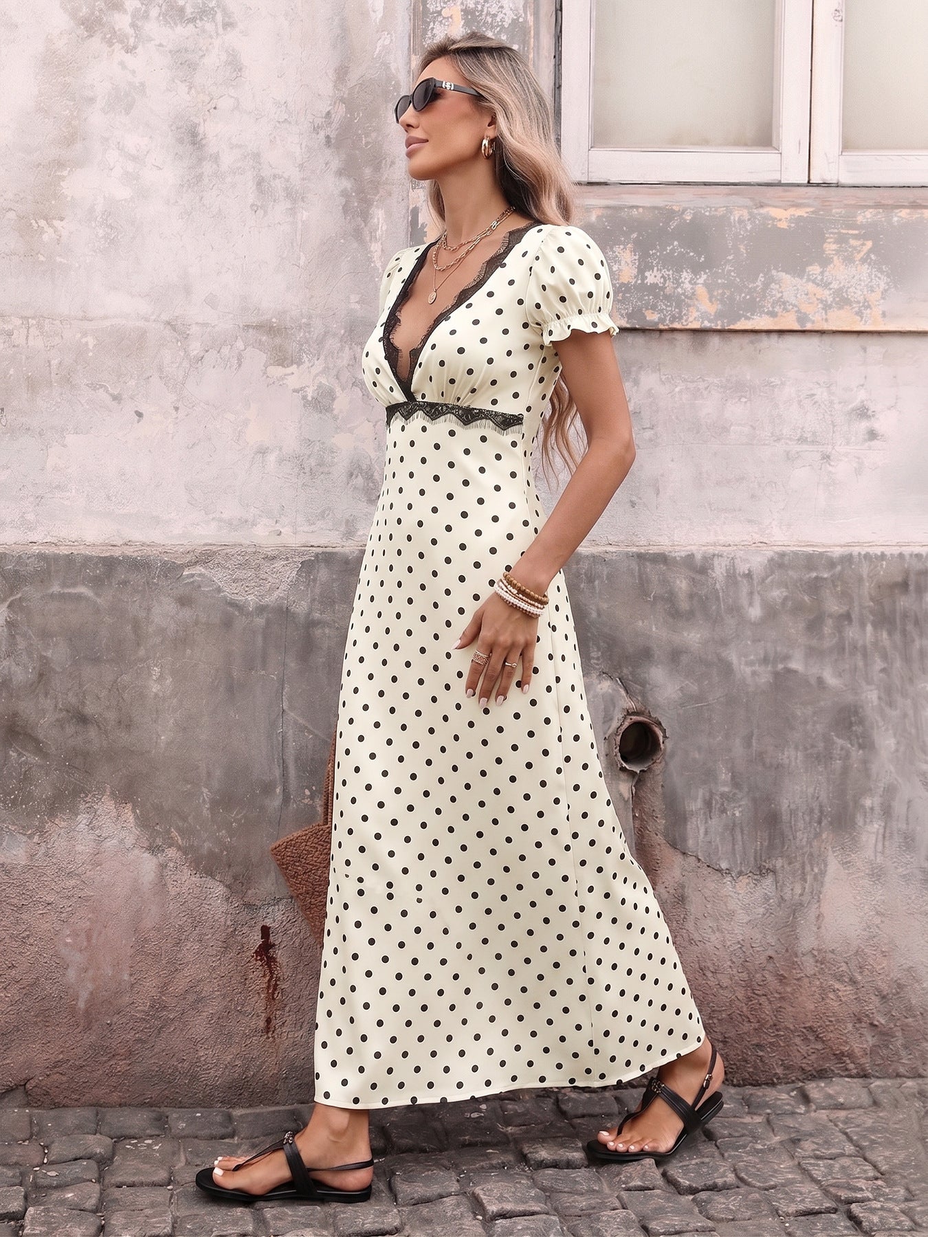 Polka Dot Lace Trim Midi Dress