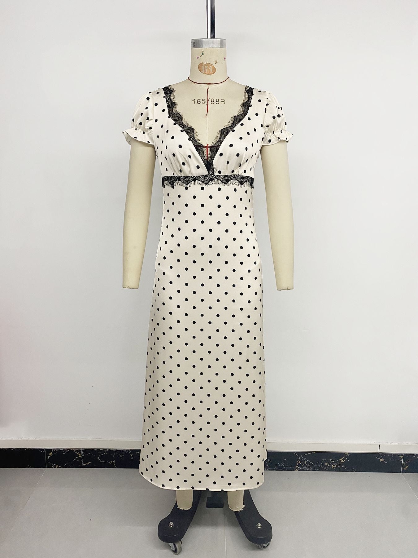 Polka Dot Lace Trim Midi Dress