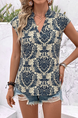 Printed Cap Sleeve V-Neck Top