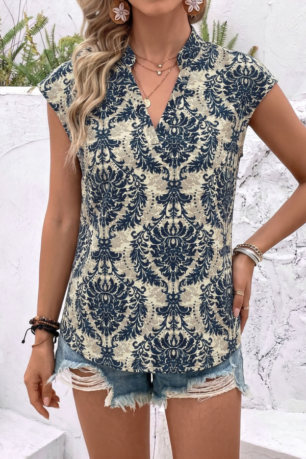 Printed Cap Sleeve V-Neck Top