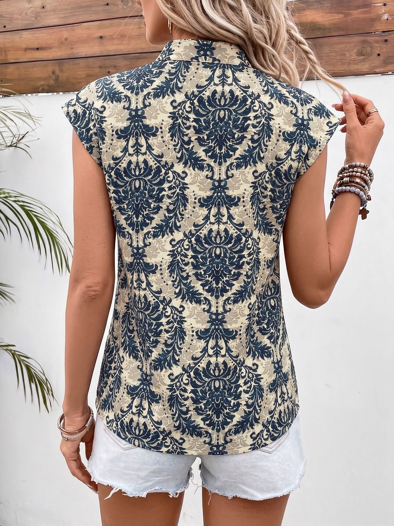 Printed Cap Sleeve V-Neck Top