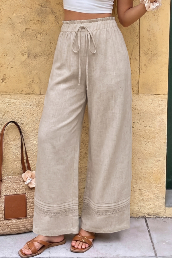 Beige Drawstring Wide-Leg Pants
