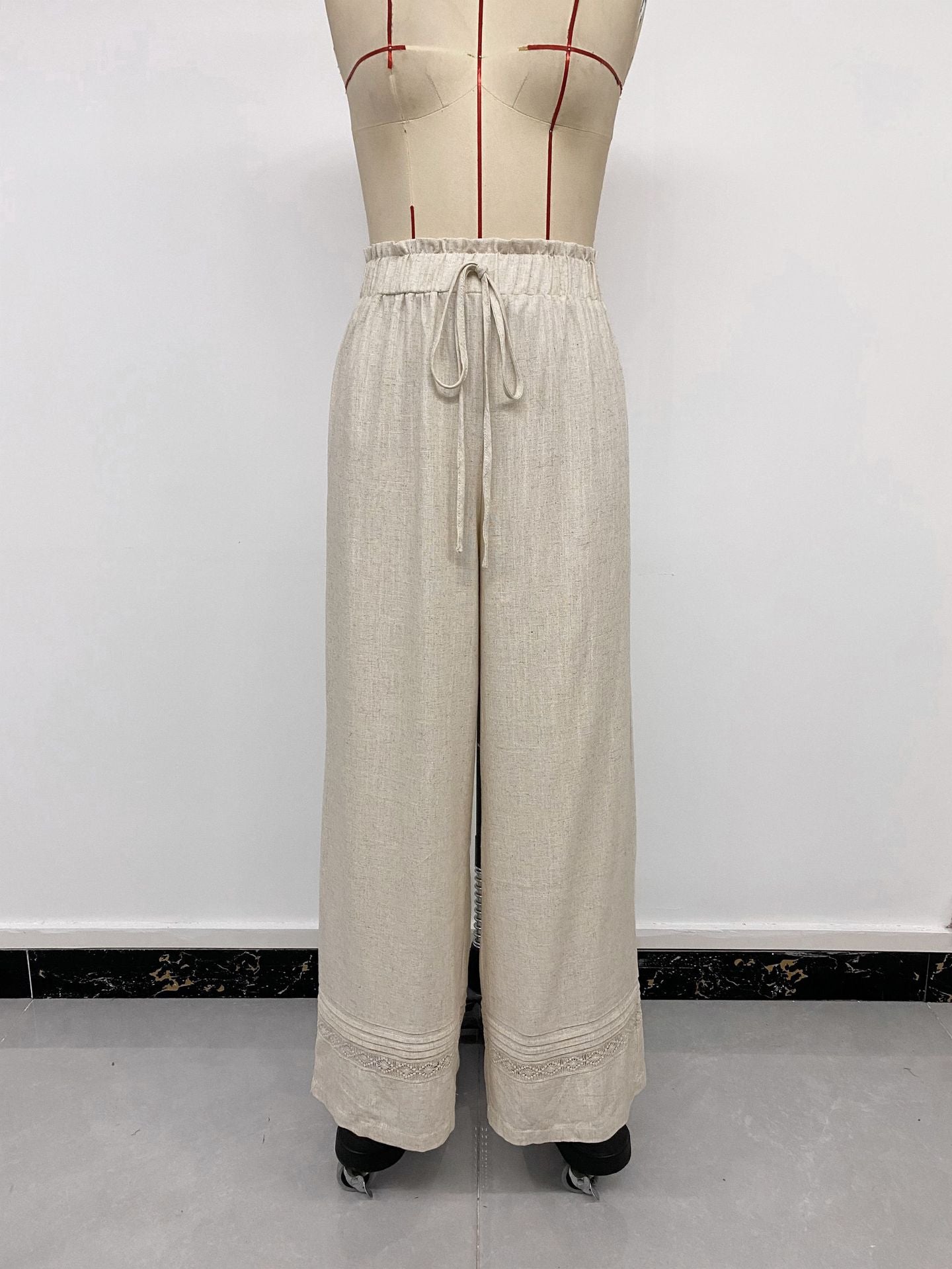 Beige Drawstring Wide-Leg Pants