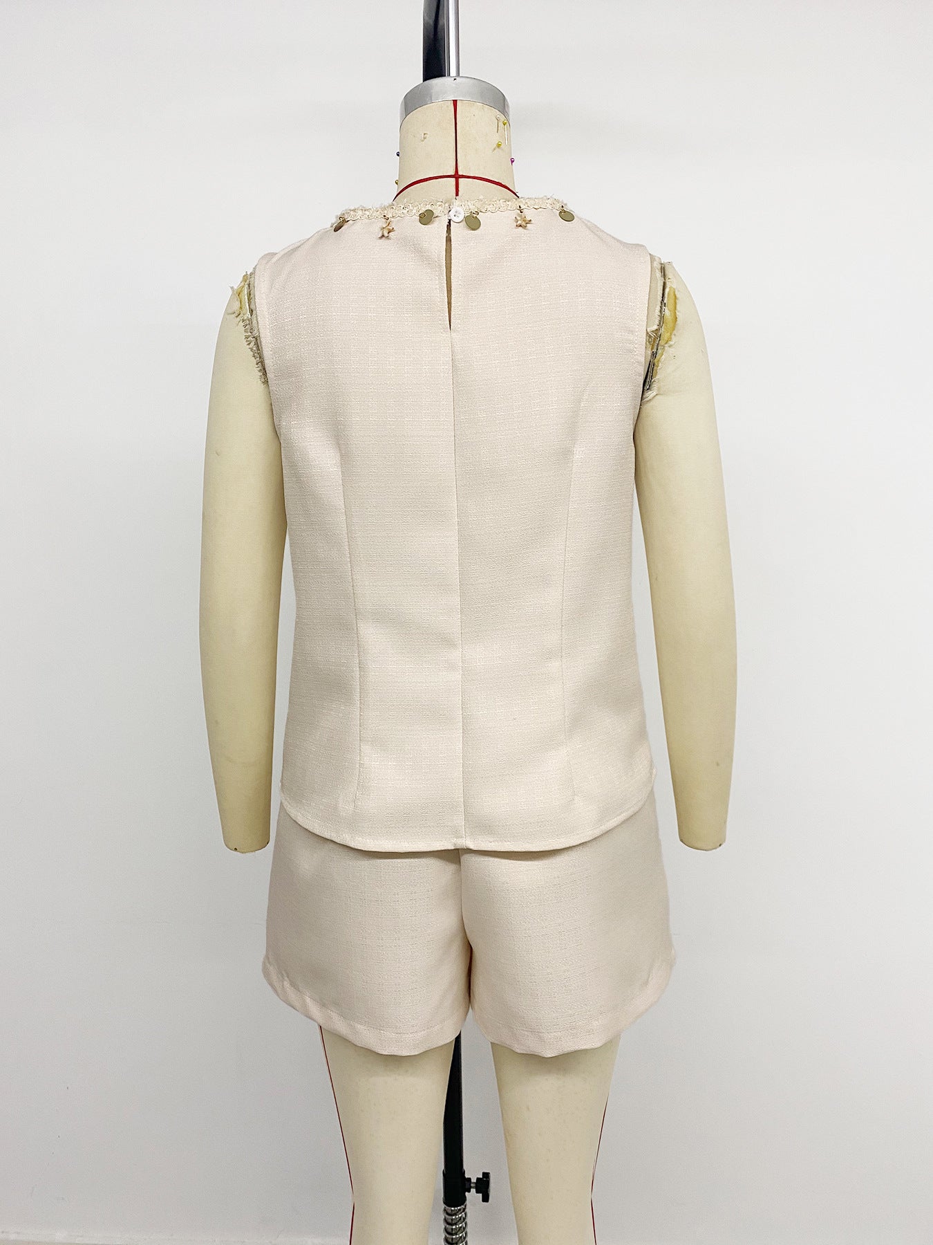 Beige Embellished Sleeveless Top & Shorts Set