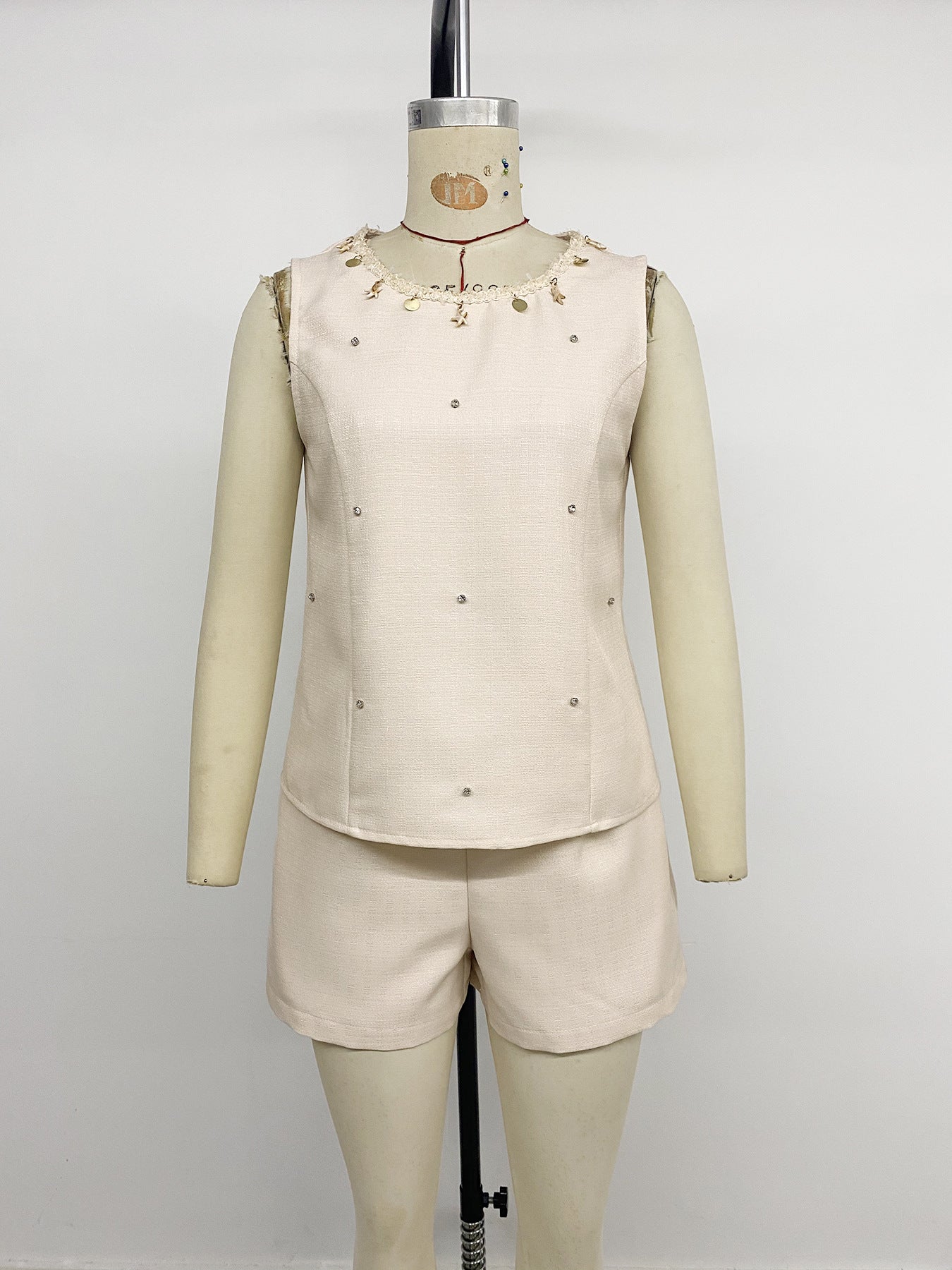 Beige Embellished Sleeveless Top & Shorts Set