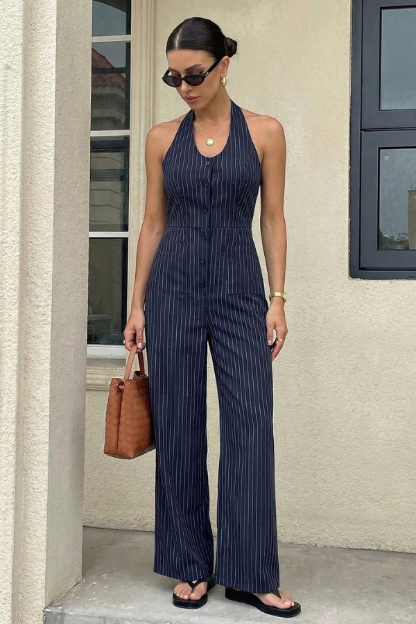 Navy Pinstripe Halter Neck Jumpsuit