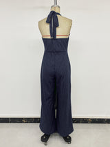 Navy Pinstripe Halter Neck Jumpsuit