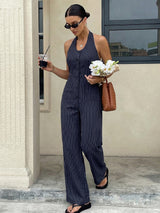 Navy Pinstripe Halter Neck Jumpsuit