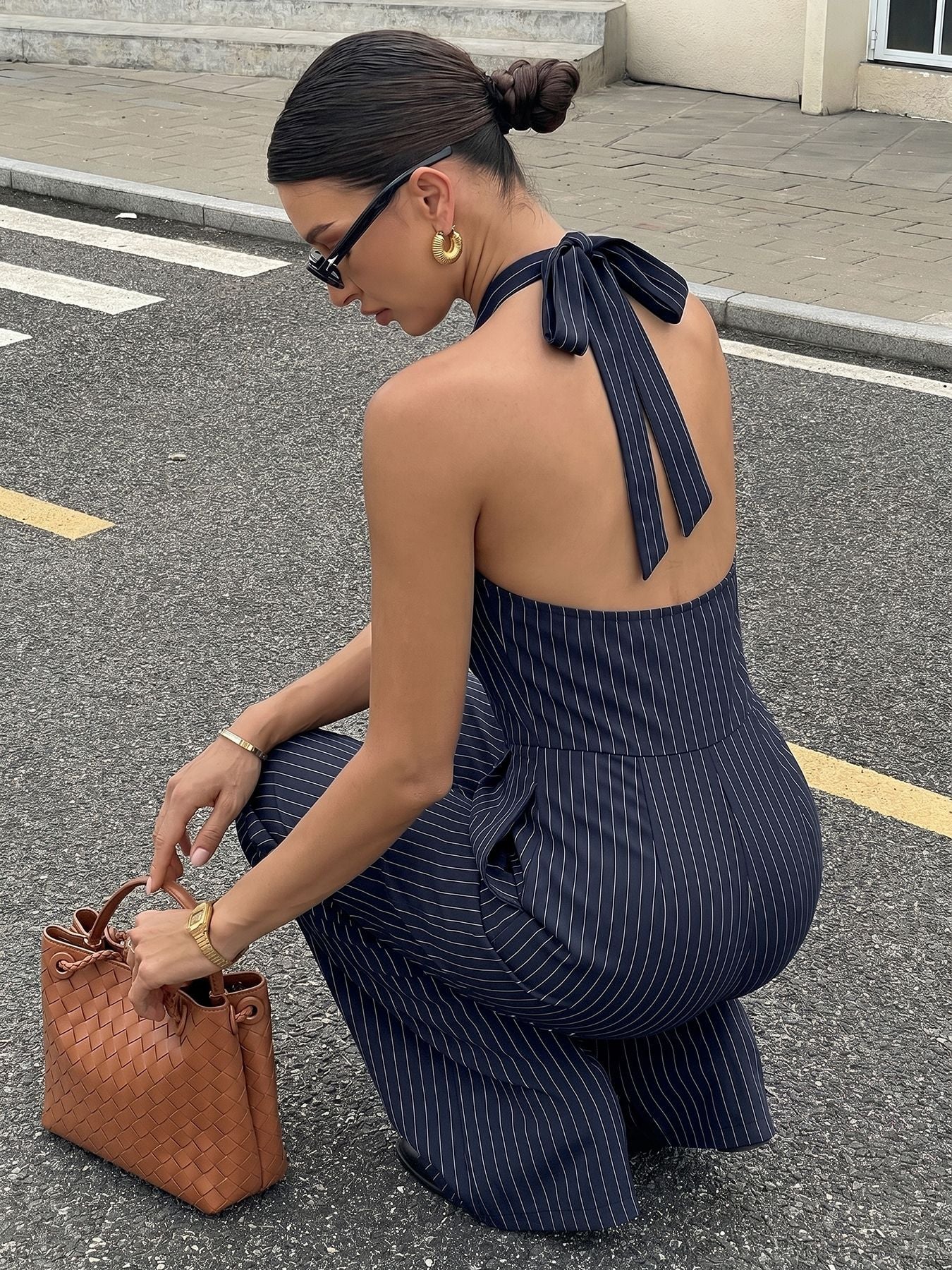 Navy Pinstripe Halter Neck Jumpsuit