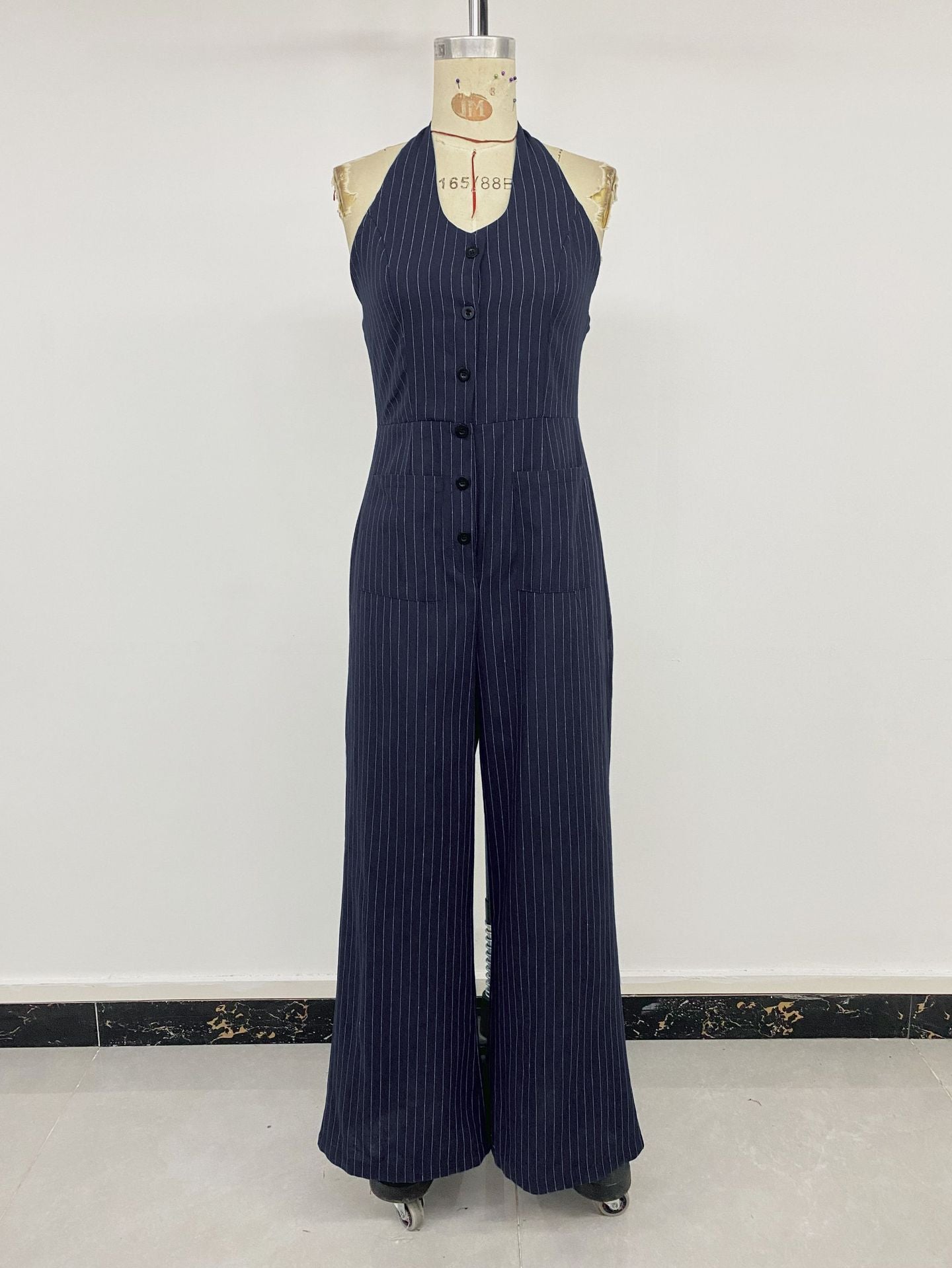 Navy Pinstripe Halter Neck Jumpsuit