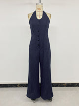 Navy Pinstripe Halter Neck Jumpsuit