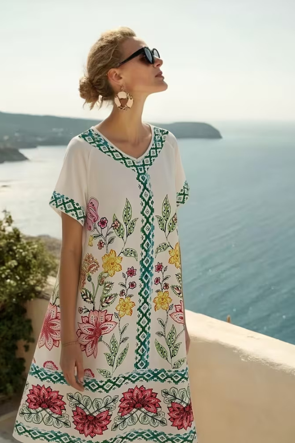 Floral Print V-Neck Beach Mini Dress