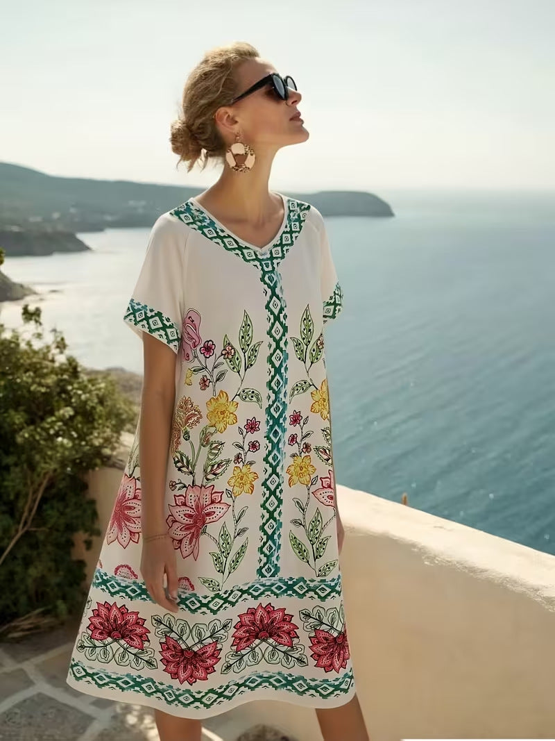 Floral Print V-Neck Beach Mini Dress