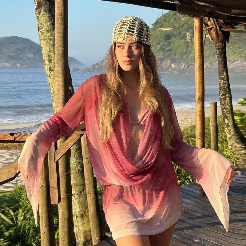 Teal Sheer Drape Neck Cover-Up Top