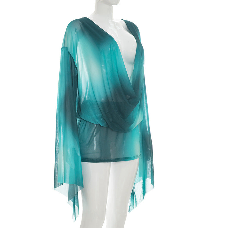 Teal Sheer Drape Neck Cover-Up Top