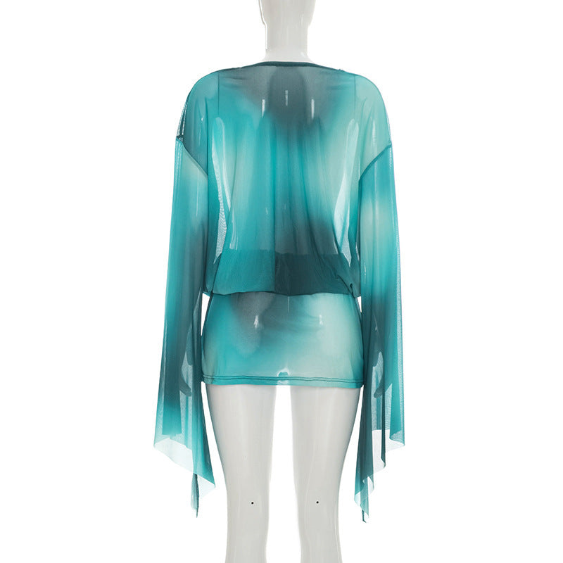 Teal Sheer Drape Neck Cover-Up Top