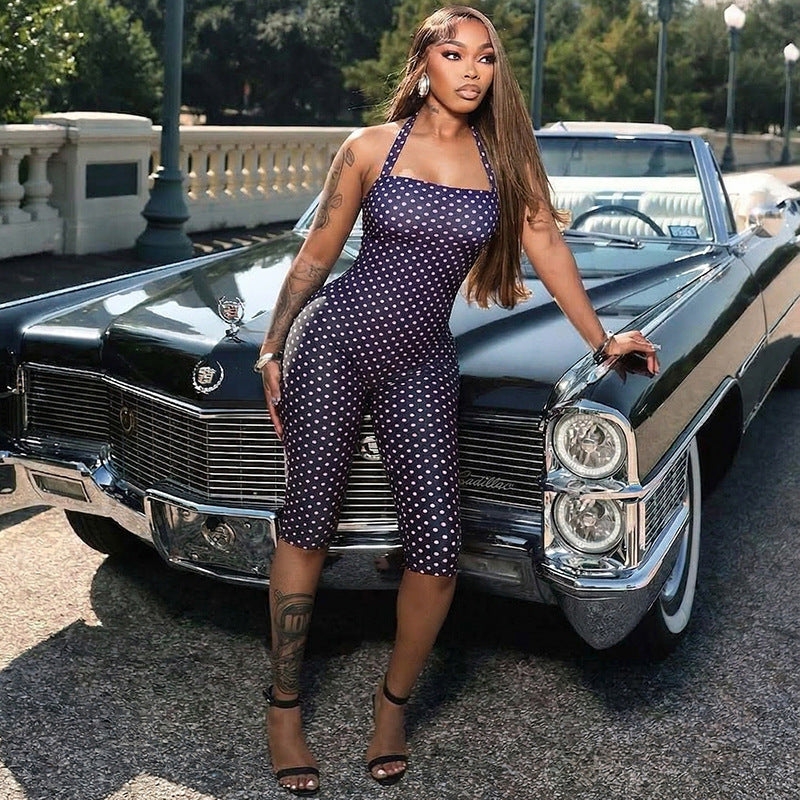 Navy Pink Polka Dot Halter Romper