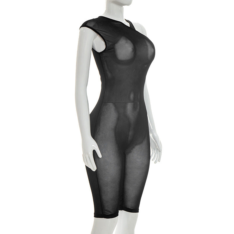 Black Sheer One-Shoulder Mesh Bodysuit