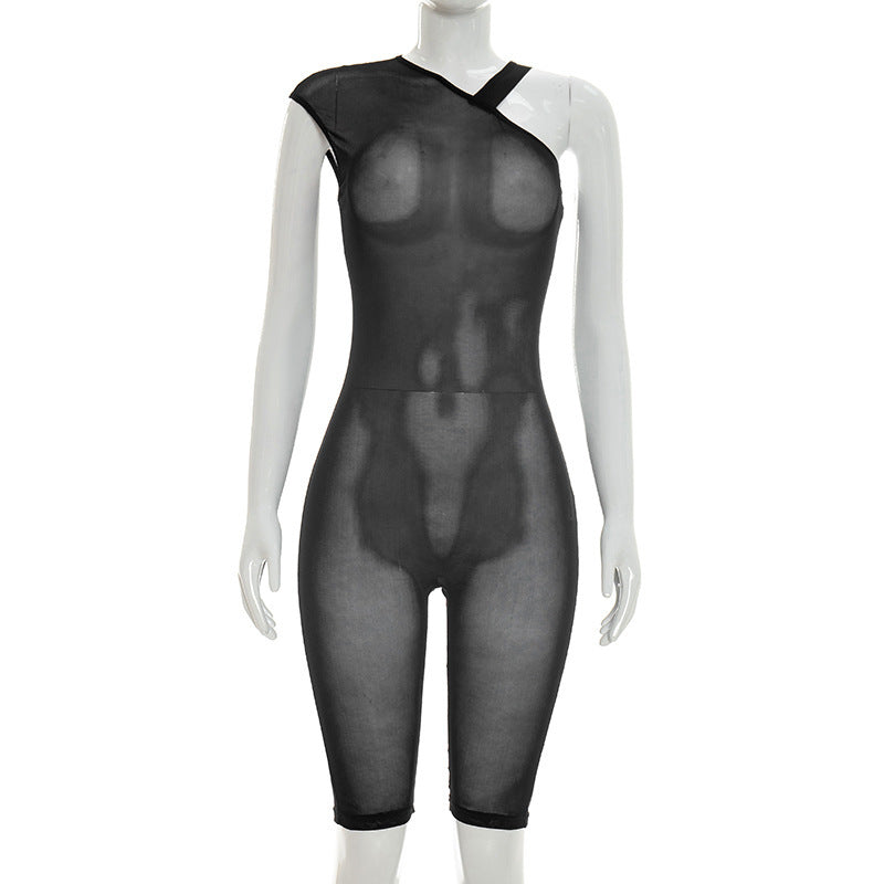 Black Sheer One-Shoulder Mesh Bodysuit