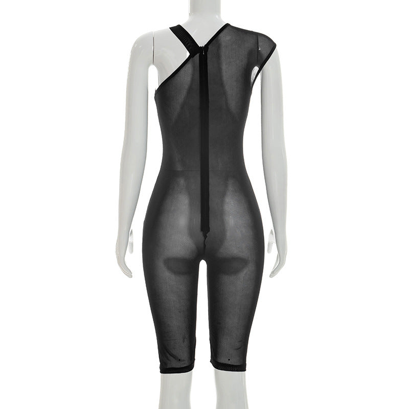Black Sheer One-Shoulder Mesh Bodysuit