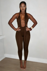 Brown Halter Deep Neck Bodycon Jumpsuit