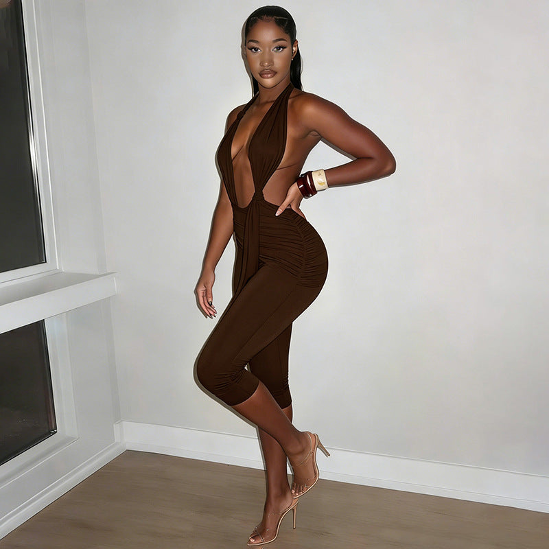 Brown Halter Deep Neck Bodycon Jumpsuit