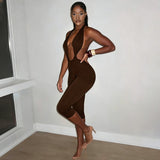 Brown Halter Deep Neck Bodycon Jumpsuit