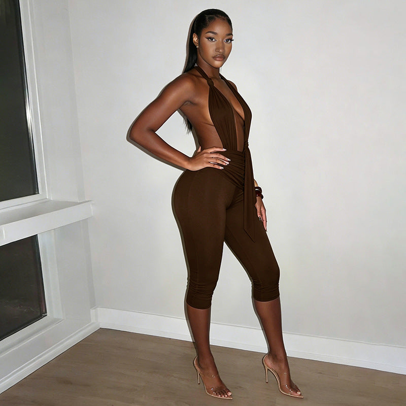 Brown Halter Deep Neck Bodycon Jumpsuit