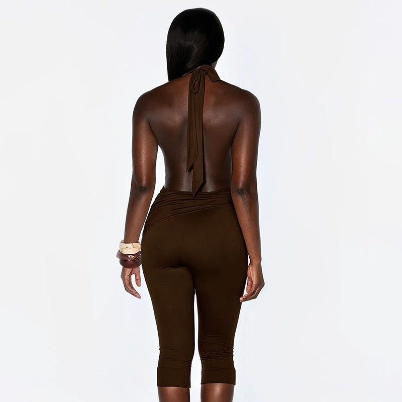 Brown Halter Deep Neck Bodycon Jumpsuit