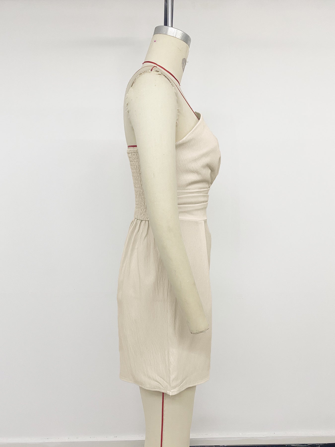 Beige Strapless Pleated Waist Romper