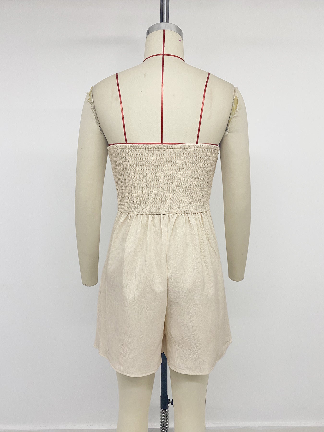 Beige Strapless Pleated Waist Romper