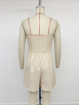 Beige Strapless Pleated Waist Romper