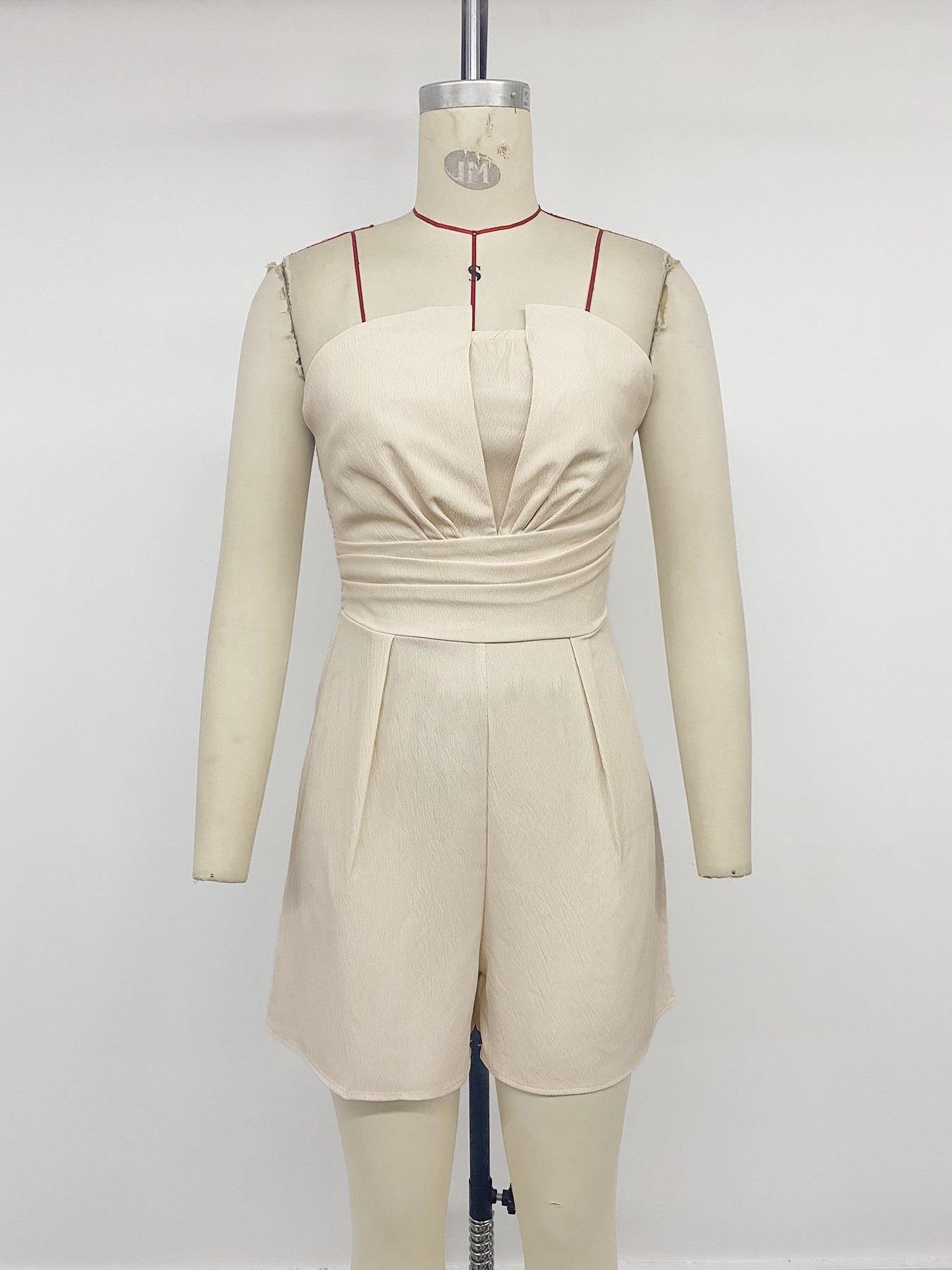 Beige Strapless Pleated Waist Romper