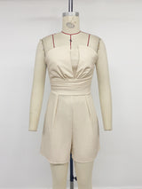 Beige Strapless Pleated Waist Romper