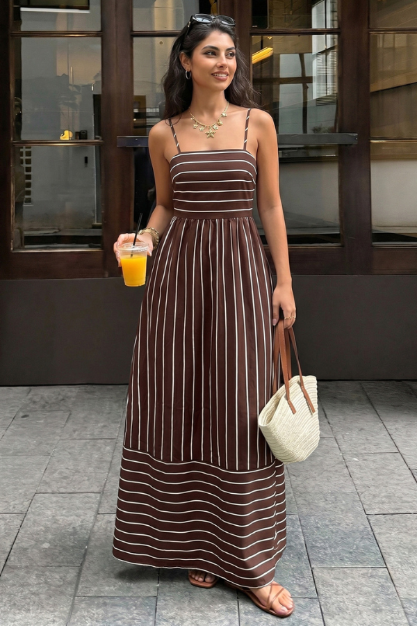 Brown Striped Spaghetti Strap Maxi Dress
