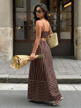 Brown Striped Spaghetti Strap Maxi Dress