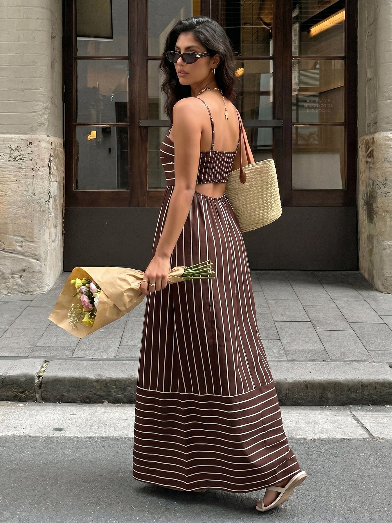 Brown Striped Spaghetti Strap Maxi Dress
