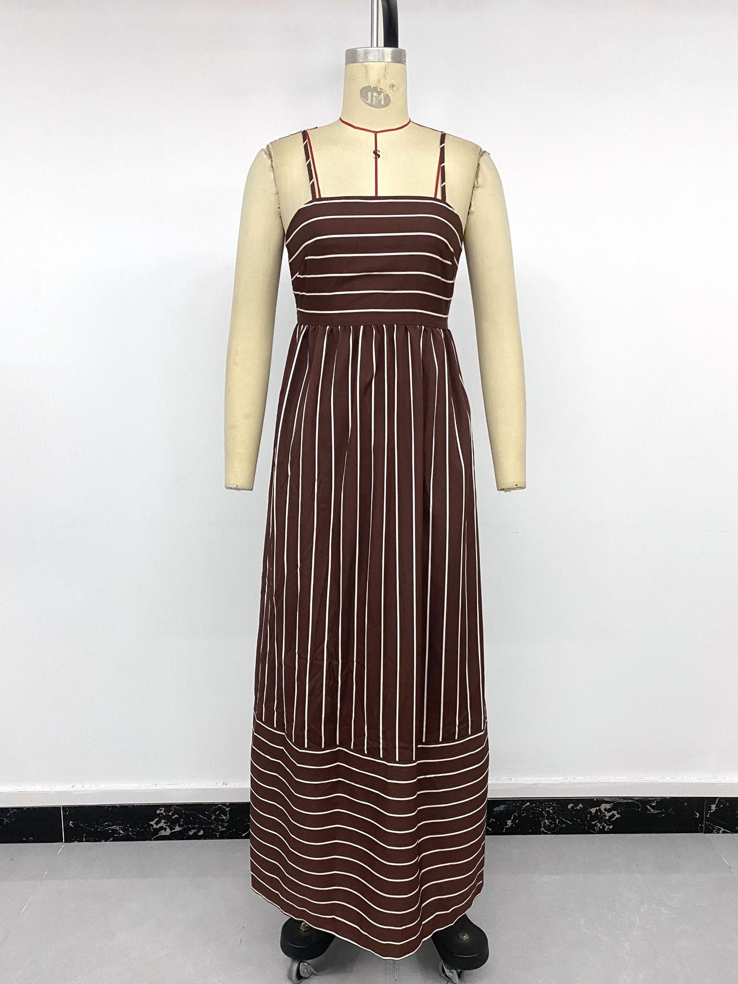 Brown Striped Spaghetti Strap Maxi Dress