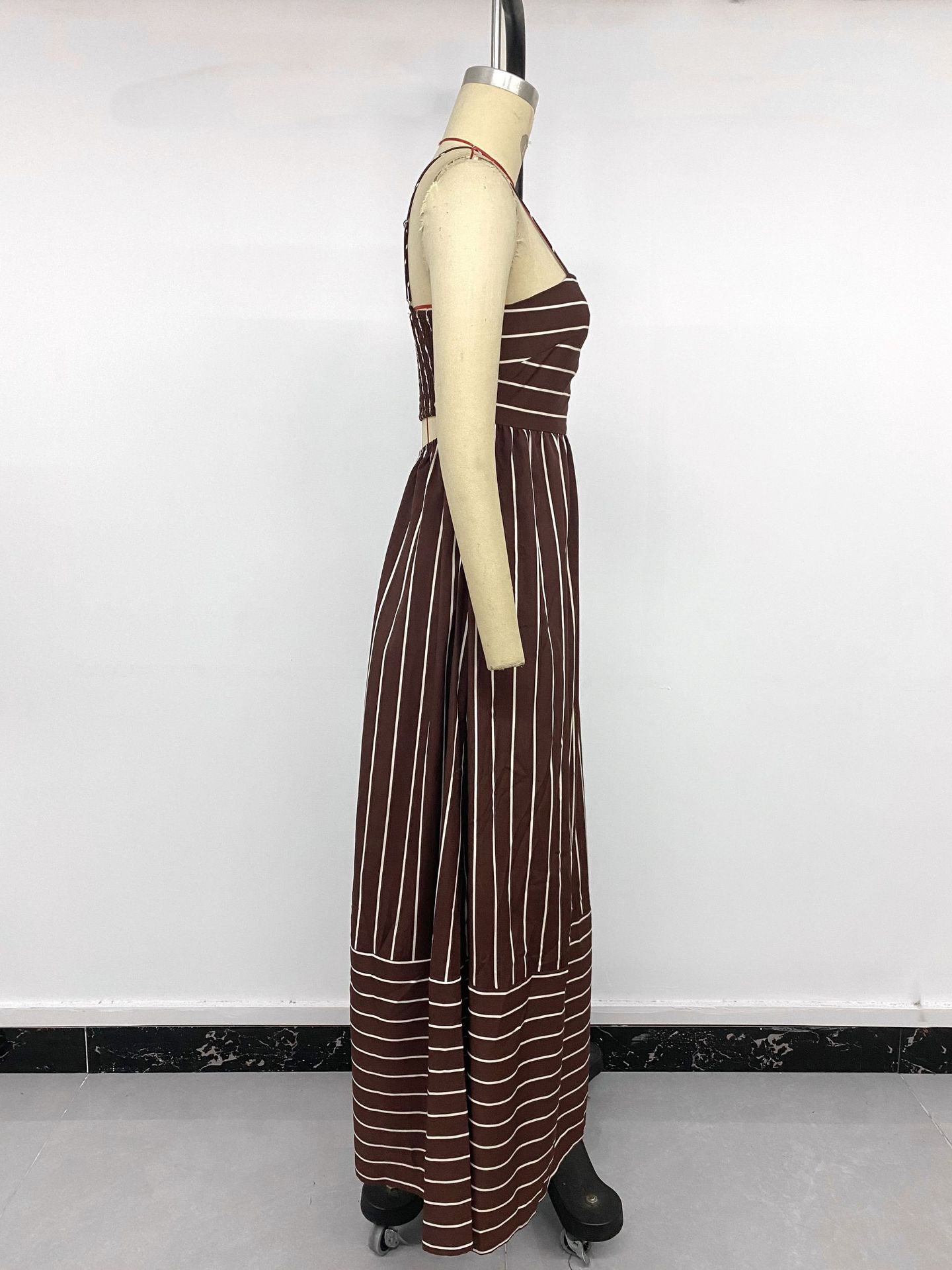 Brown Striped Spaghetti Strap Maxi Dress